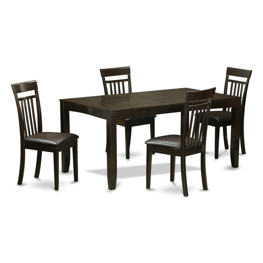 East West Furniture LYCA5-CAP-LC 5 Piece Kitchen Table Set for 4 Includes a Rectangle Dining Room Table with Butterfly Leaf and 4 Faux Leather Upholstered Chairs, 36x66 Inch, Cappuccino