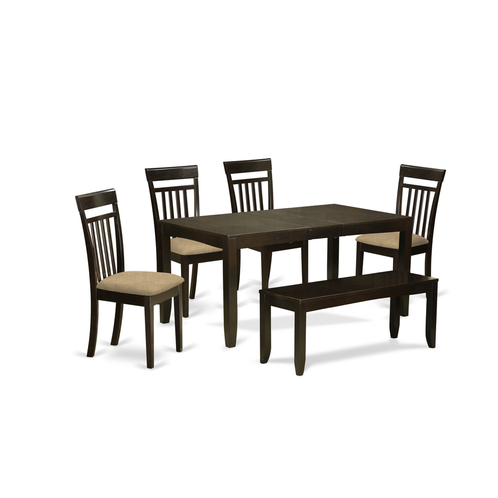 East West Furniture LYCA6-CAP-C 6 Piece Dining Set Contains a Rectangle Dining Room Table with Butterfly Leaf and 4 Linen Fabric Kitchen Chairs with a Bench, 36x66 Inch, Cappuccino