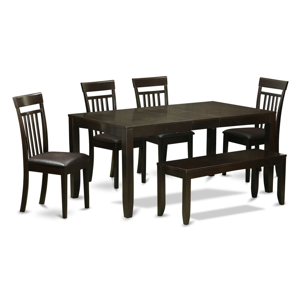 East West Furniture LYCA6-CAP-LC 6 Piece Dining Set Contains a Rectangle Dining Room Table with Butterfly Leaf and 4 Faux Leather Kitchen Chairs with a Bench, 36x66 Inch, Cappuccino