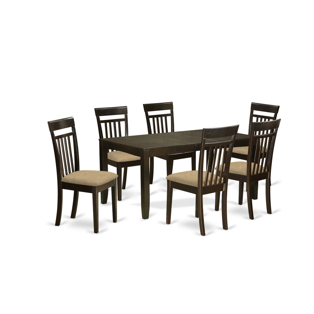 East West Furniture LYCA7-CAP-C 7 Piece Dining Room Table Set Consist of a Rectangle Wooden Table with Butterfly Leaf and 6 Linen Fabric Kitchen Dining Chairs, 36x66 Inch, Cappuccino