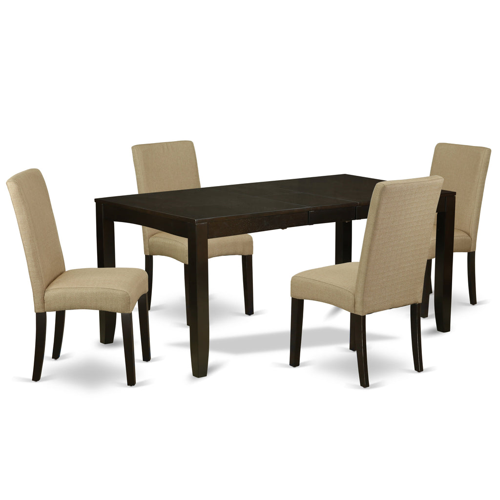 East West Furniture LYDR5-CAP-03 5 Piece Dining Table Set for 4 Includes a Rectangle Kitchen Table with Butterfly Leaf and 4 Brown Linen Fabric Upholstered Chairs, 36x66 Inch, Cappuccino