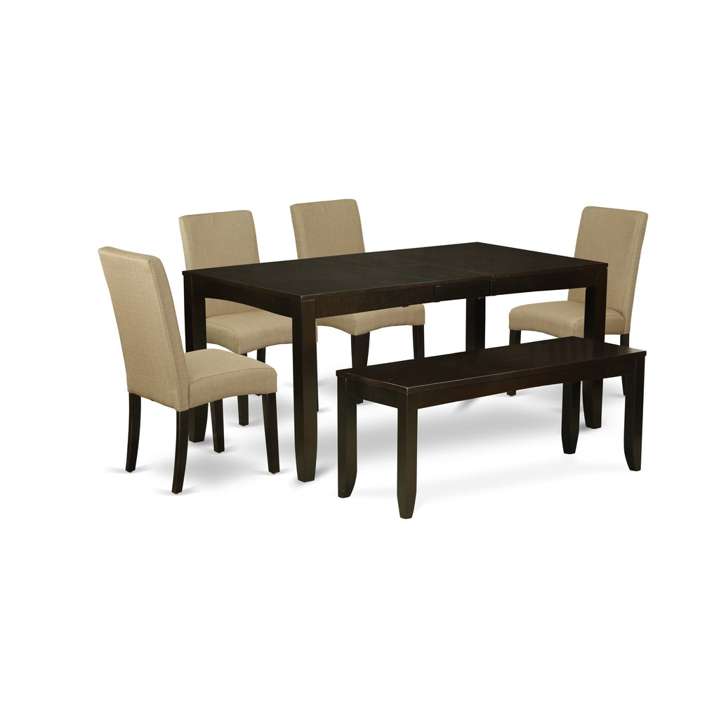 East West Furniture LYDR6-CAP-03 6 Piece Dining Set Contains a Rectangle Dining Room Table with Butterfly Leaf and 4 Brown Linen Fabric Padded Chairs with a Bench, 36x66 Inch, Cappuccino