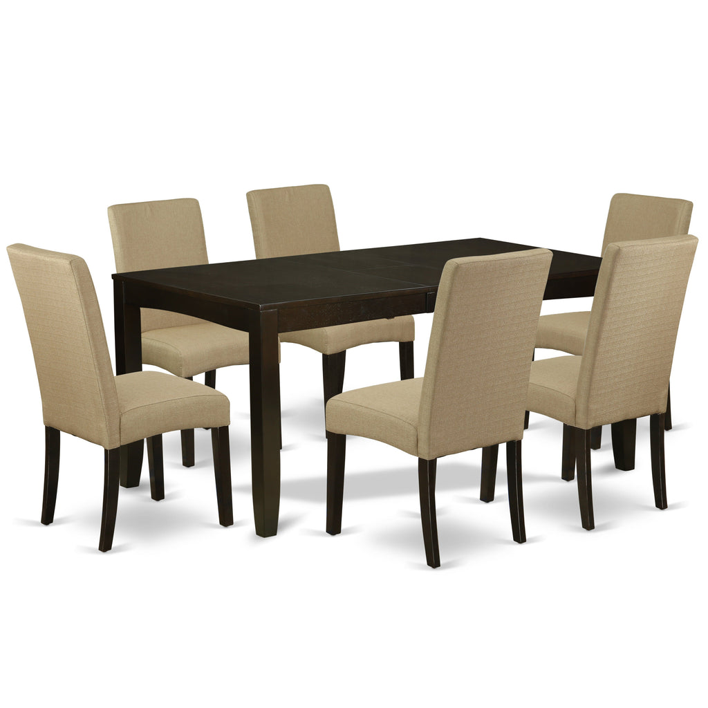 East West Furniture LYDR7-CAP-03 7 Piece Kitchen Table Set Consist of a Rectangle Dining Table with Butterfly Leaf and 6 Brown Linen Fabric Parson Dining Chairs, 36x66 Inch, Cappuccino