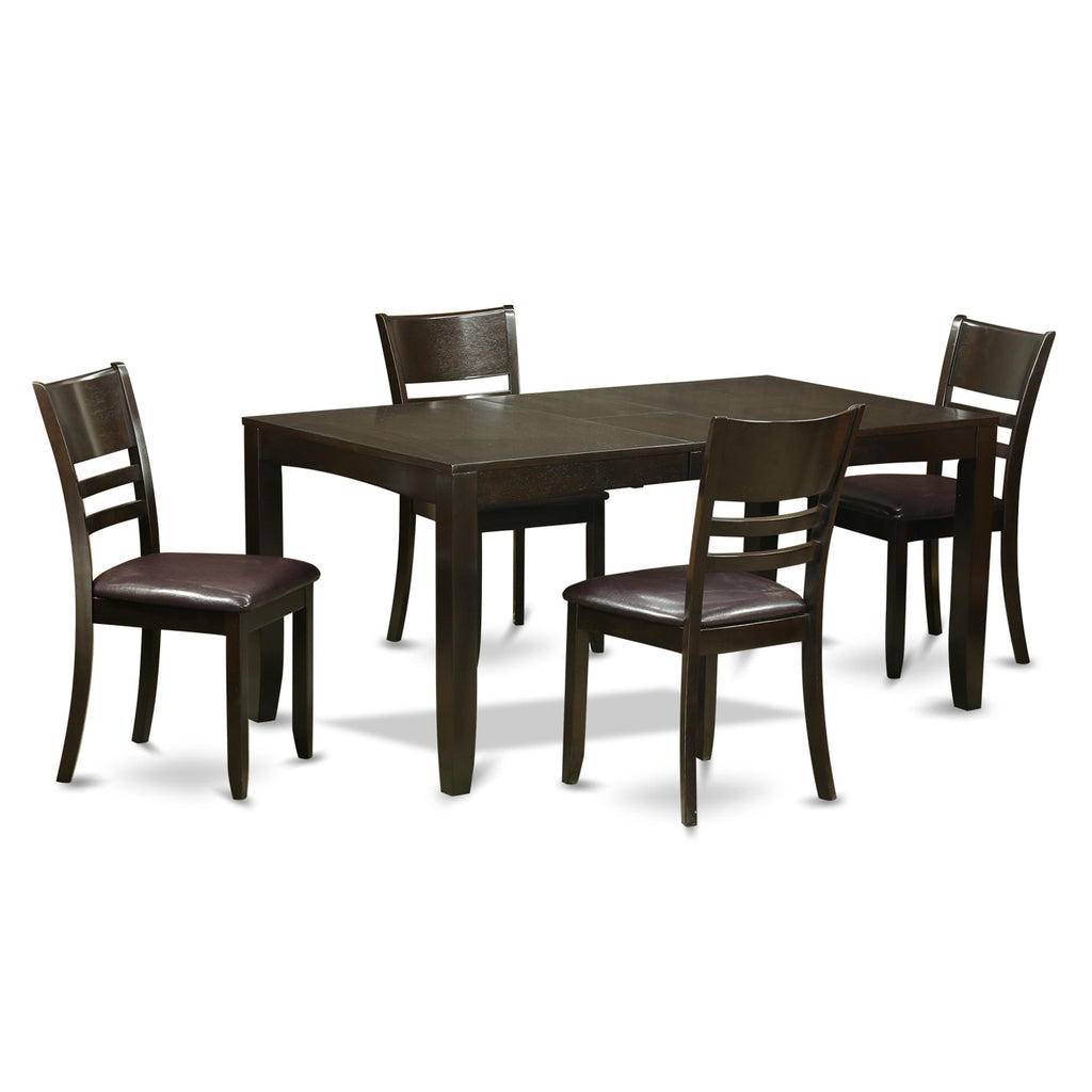 East West Furniture LYFD5-CAP-LC 5 Piece Kitchen Table Set for 4 Includes a Rectangle Dining Room Table with Butterfly Leaf and 4 Faux Leather Upholstered Chairs, 36x66 Inch, Cappuccino