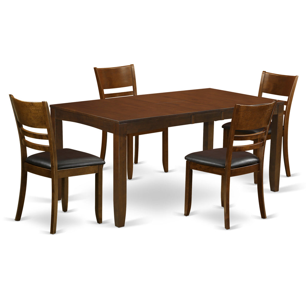 East West Furniture LYFD5-ESP-LC 5 Piece Dining Set Includes a Rectangle Dining Room Table with Butterfly Leaf and 4 Faux Leather Upholstered Kitchen Chairs, 36x66 Inch, Espresso