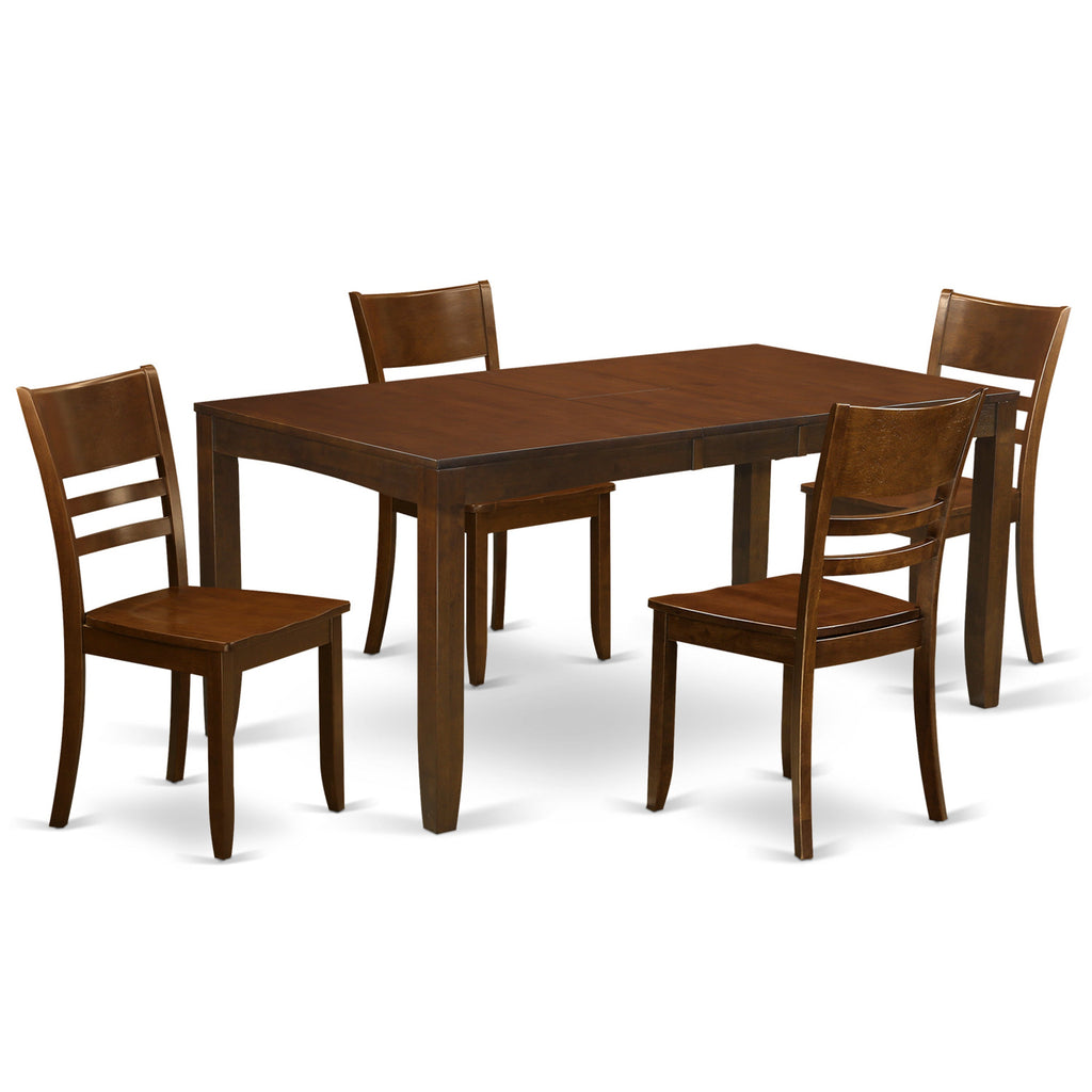 East West Furniture LYFD5-ESP-W 5 Piece Dinette Set for 4 Includes a Rectangle Dining Table with Butterfly Leaf and 4 Dining Room Chairs, 36x66 Inch, Espresso