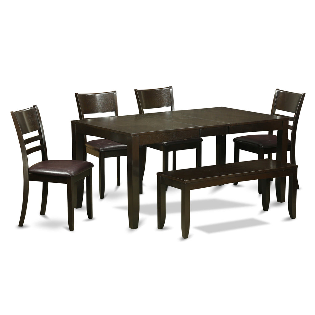 East West Furniture LYFD6-CAP-LC 6 Piece Dining Set Contains a Rectangle Dining Room Table with Butterfly Leaf and 4 Faux Leather Kitchen Chairs with a Bench, 36x66 Inch, Cappuccino