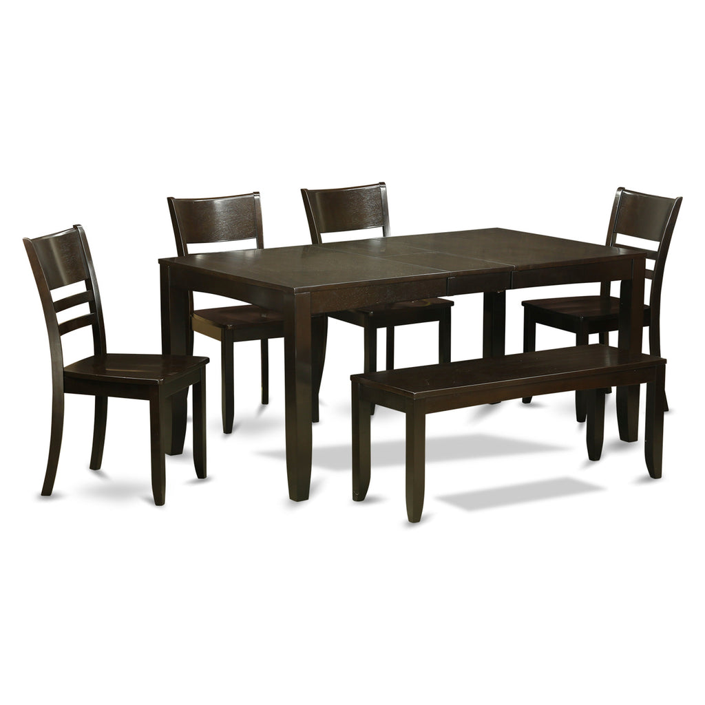 East West Furniture LYFD6-CAP-W 6 Piece Kitchen Table Set Contains a Rectangle Dining Table with Butterfly Leaf and 4 Dining Chairs with a Bench, 36x66 Inch, Cappuccino