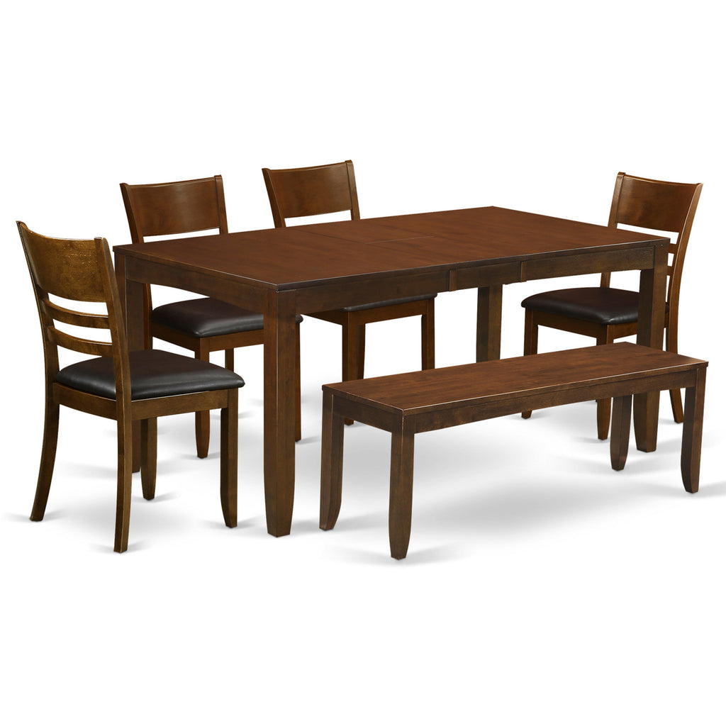 East West Furniture LYFD6-ESP-LC 6 Piece Dining Table Set Contains a Rectangle Dinner Table with Butterfly Leaf and 4 Faux Leather Dining Room Chairs with a Bench, 36x66 Inch, Espresso
