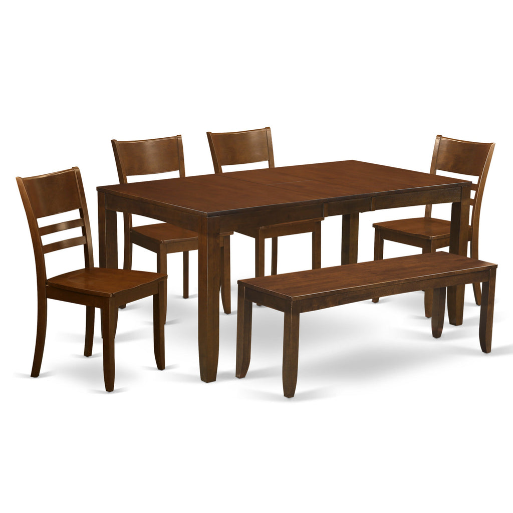 East West Furniture LYFD6-ESP-W 6 Piece Dining Room Table Set Contains a Rectangle Kitchen Table with Butterfly Leaf and 4 Dining Chairs with a Bench, 36x66 Inch, Espresso