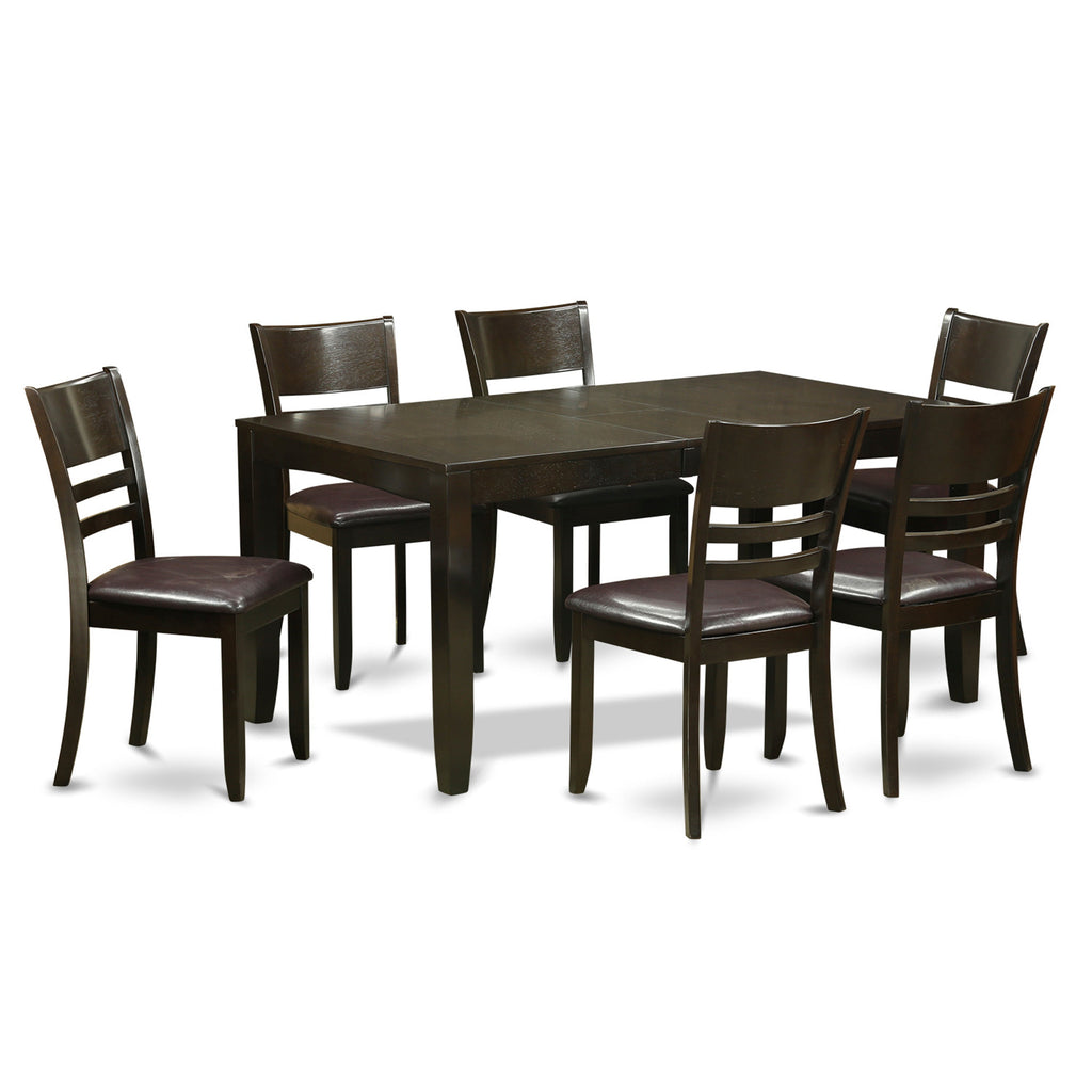 East West Furniture LYFD7-CAP-LC 7 Piece Dining Room Furniture Set Consist of a Rectangle Kitchen Table with Butterfly Leaf and 6 Faux Leather Upholstered Chairs, 36x66 Inch, Cappuccino