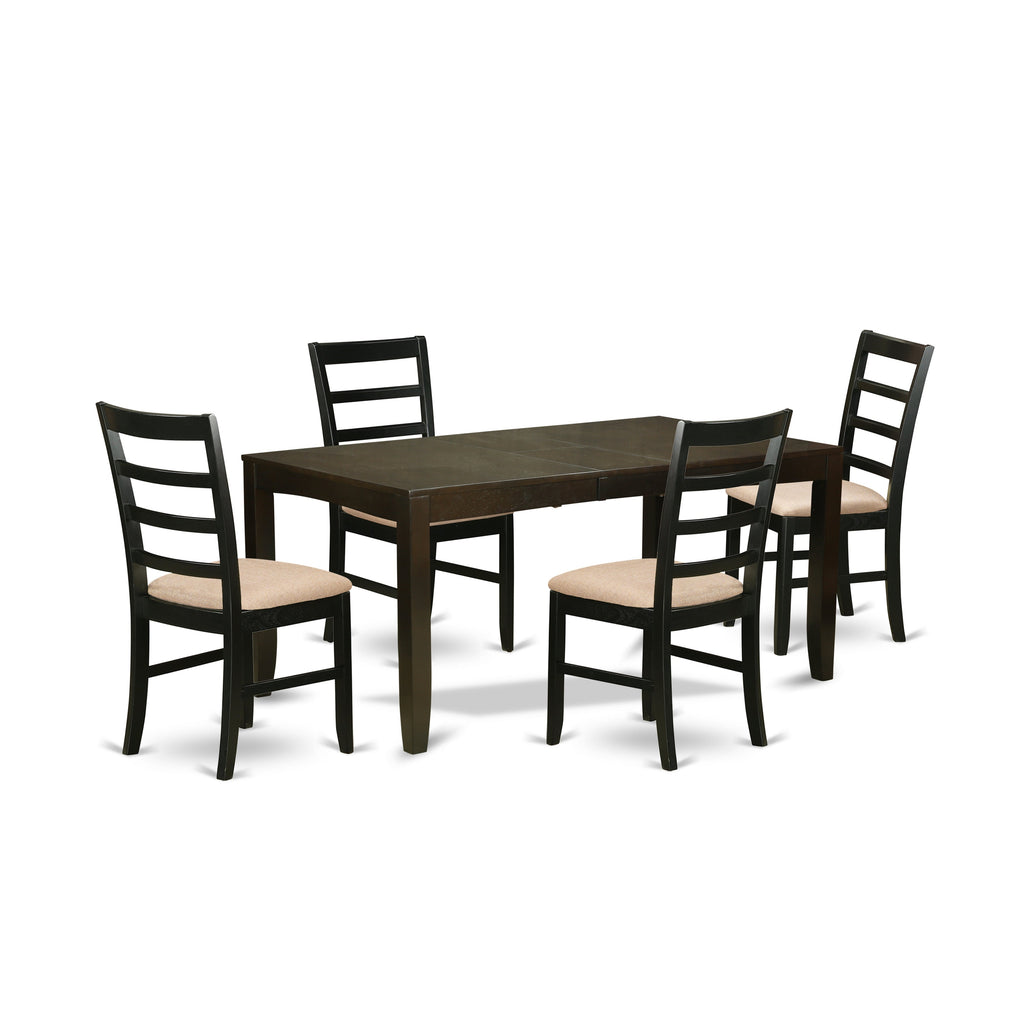 East West Furniture LYPF5-CAP-C 5 Piece Kitchen Table Set for 4 Includes a Rectangle Dining Room Table with Butterfly Leaf and 4 Linen Fabric Upholstered Chairs, 36x66 Inch, Cappuccino