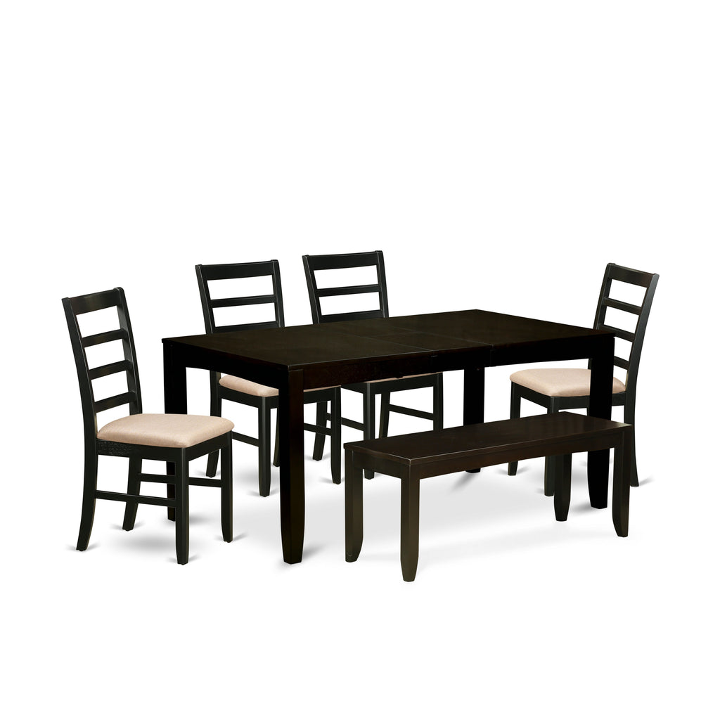 East West Furniture LYPF6-CAP-C 6 Piece Dining Table Set Contains a Rectangle Dining Room Table with Butterfly Leaf and 4 Linen Fabric Upholstered Chairs with a Bench, 36x66 Inch, Cappuccino