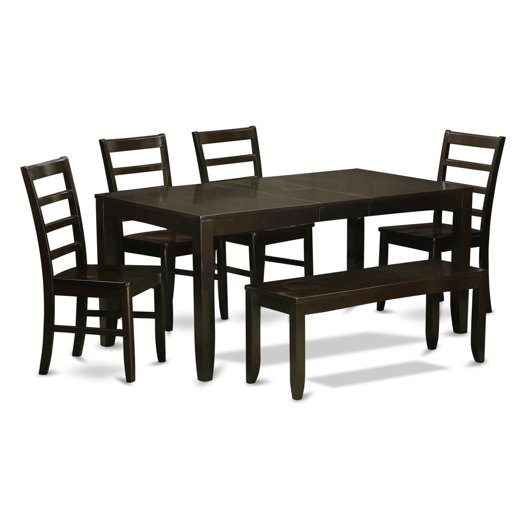 East West Furniture LYPF6-CAP-W 6 Piece Modern Dining Table Set Contains a Rectangle Wooden Table with Butterfly Leaf and 4 Dining Room Chairs with a Bench, 36x66 Inch, Cappuccino