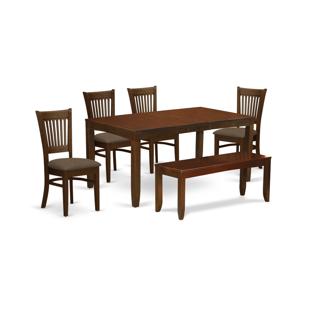 East West Furniture LYVA6-ESP-C 6 Piece Kitchen Table Set Contains a Rectangle Dining Table with Butterfly Leaf and 4 Linen Fabric Dining Chairs with a Bench, 36x66 Inch, Espresso