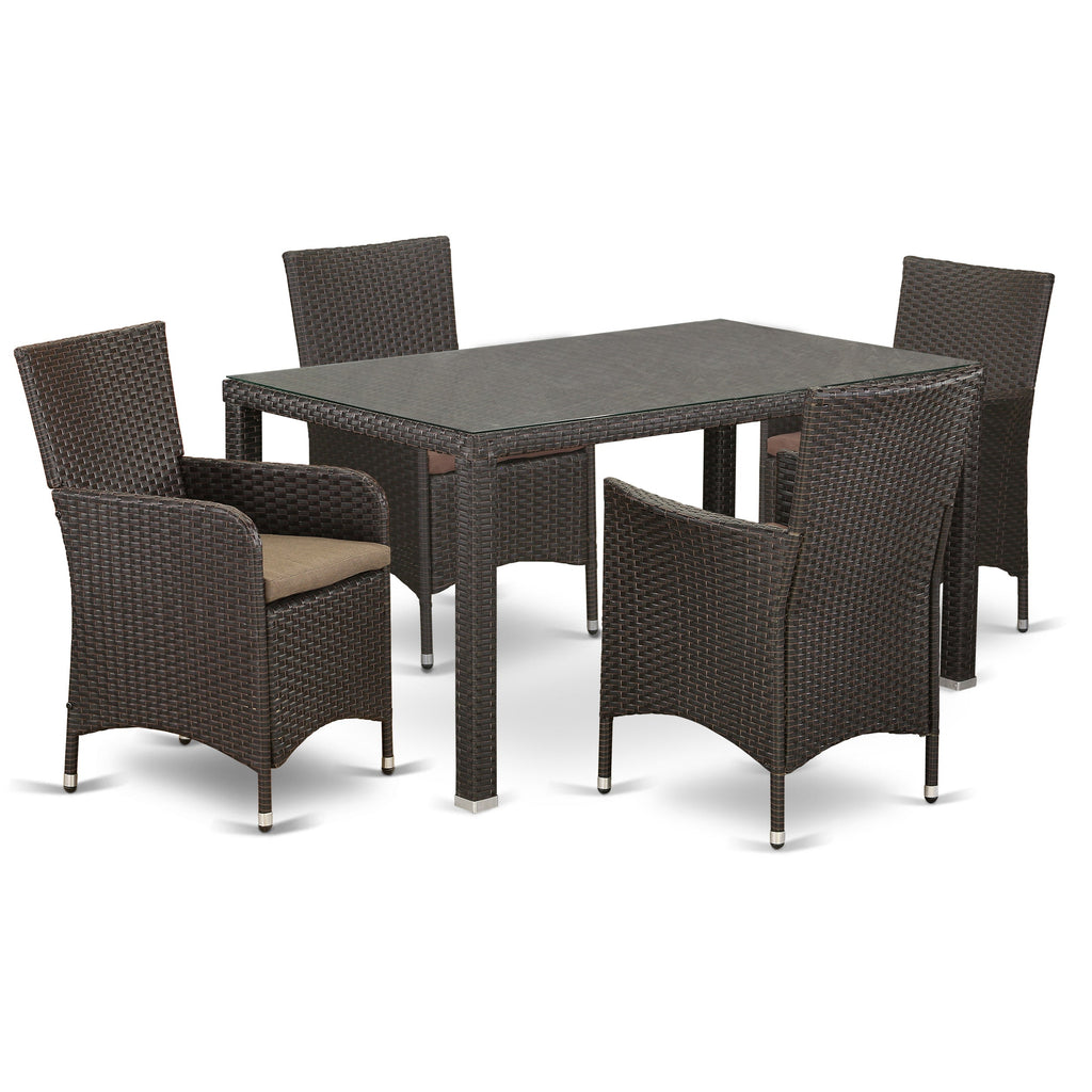 East West Furniture MALU5-63S 5 Piece Wicker Patio Furniture Set Includes a Rectangle Outdoor Table with Glass Top and 4 Balcony Backyard Armchair with Cushion, 35x59 Inch, Dark Brown