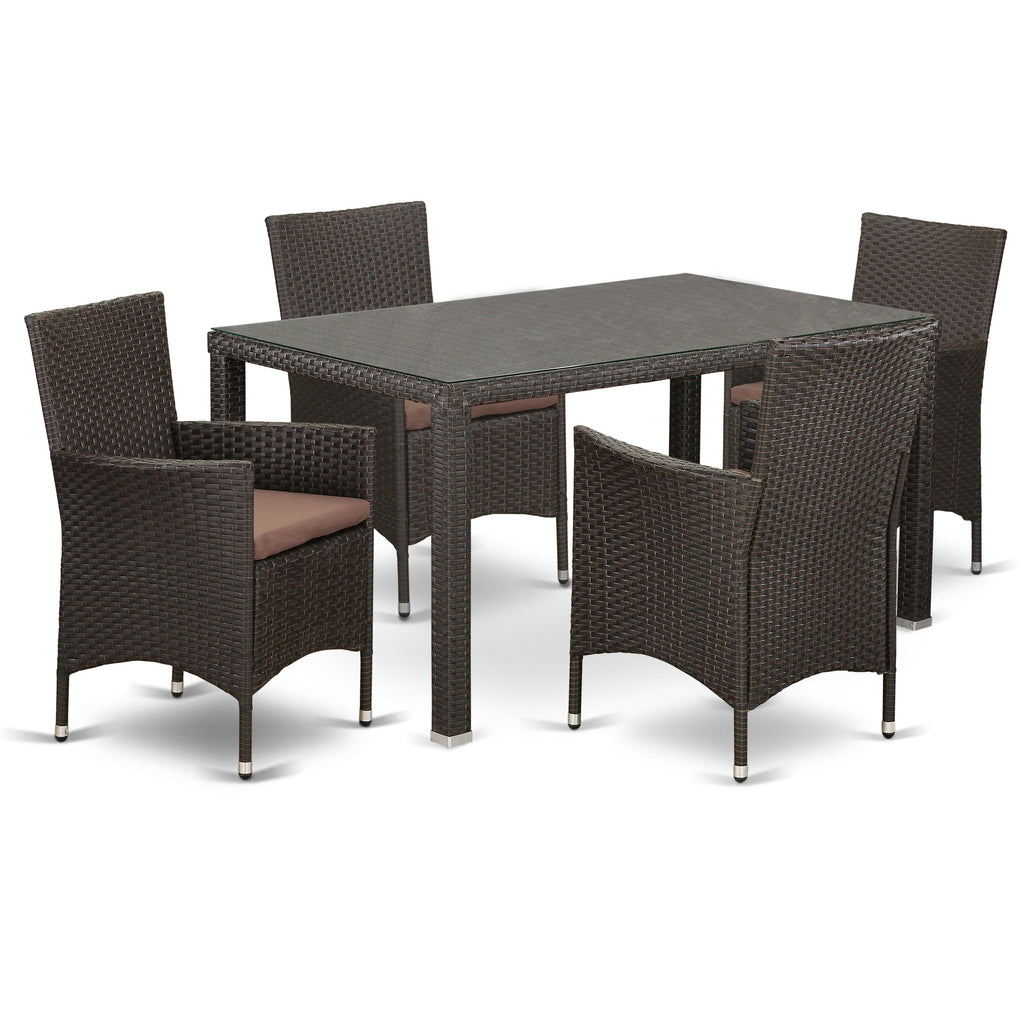 East West Furniture MAVL5-63S 5 Piece Patio Furniture Sets Wicker Outdoor Set Includes a Rectangle Bistro Dining Table with Glass Top and 4 Balcony Armchair with Cushion, 35x59 Inch, Dark Brown