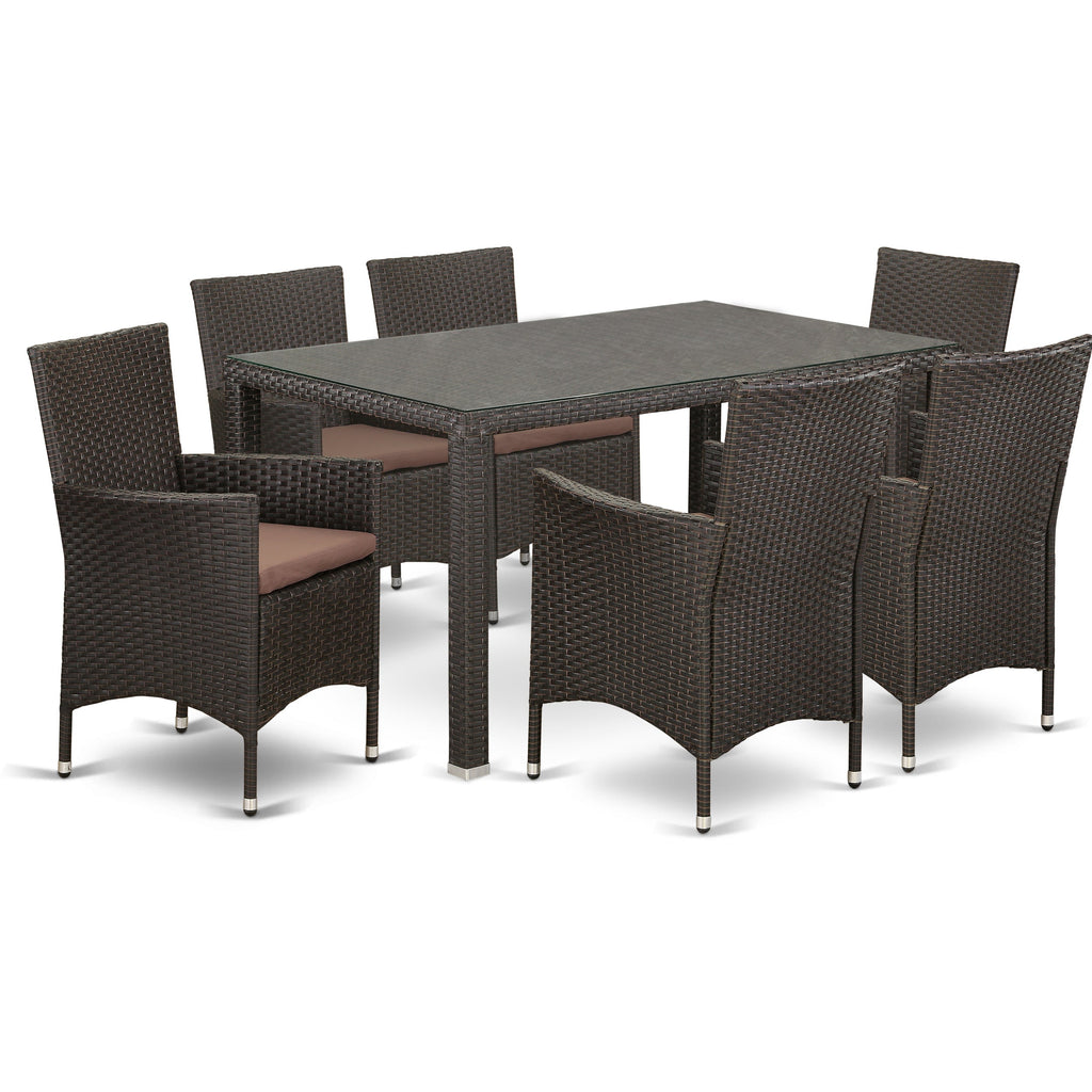 East West Furniture MAVL7-63S 7 Piece Outdoor Wicker Patio Furniture Sets Consist of a Rectangle Bistro Dining Table with Glass Top and 6 Backyard Armchair with Cushion, 35x59 Inch, Dark Brown