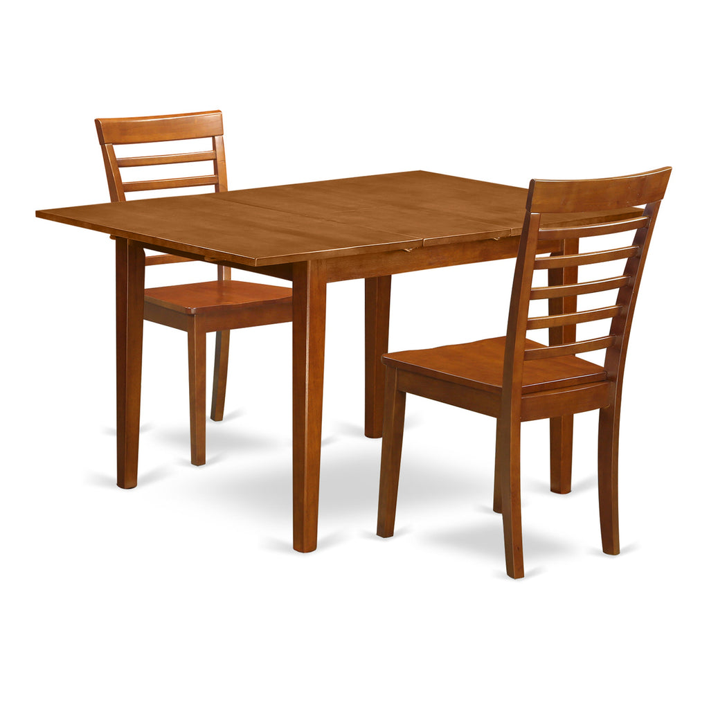 East West Furniture MILA3-SBR-W 3 Piece Dining Table Set for Small Spaces Contains a Rectangle Dining Room Table with Butterfly Leaf and 2 Wooden Seat Chairs, 36x54 Inch, Saddle Brown