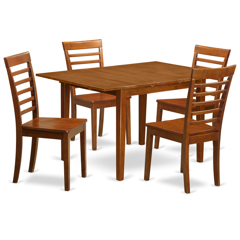 East West Furniture MILA5-SBR-W 5 Piece Dining Table Set for 4 Includes a Rectangle Kitchen Table with Butterfly Leaf and 4 Dining Room Chairs, 36x54 Inch, Saddle Brown