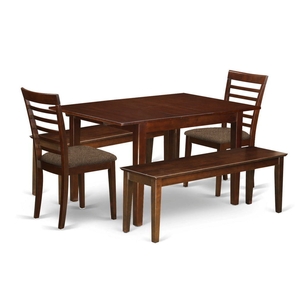 East West Furniture MILA5C-MAH-C 5 Piece Dining Set Includes a Rectangle Dining Room Table with Butterfly Leaf and 2 Linen Fabric Kitchen Chairs with 2 Benches, 36x54 Inch, Mahogany