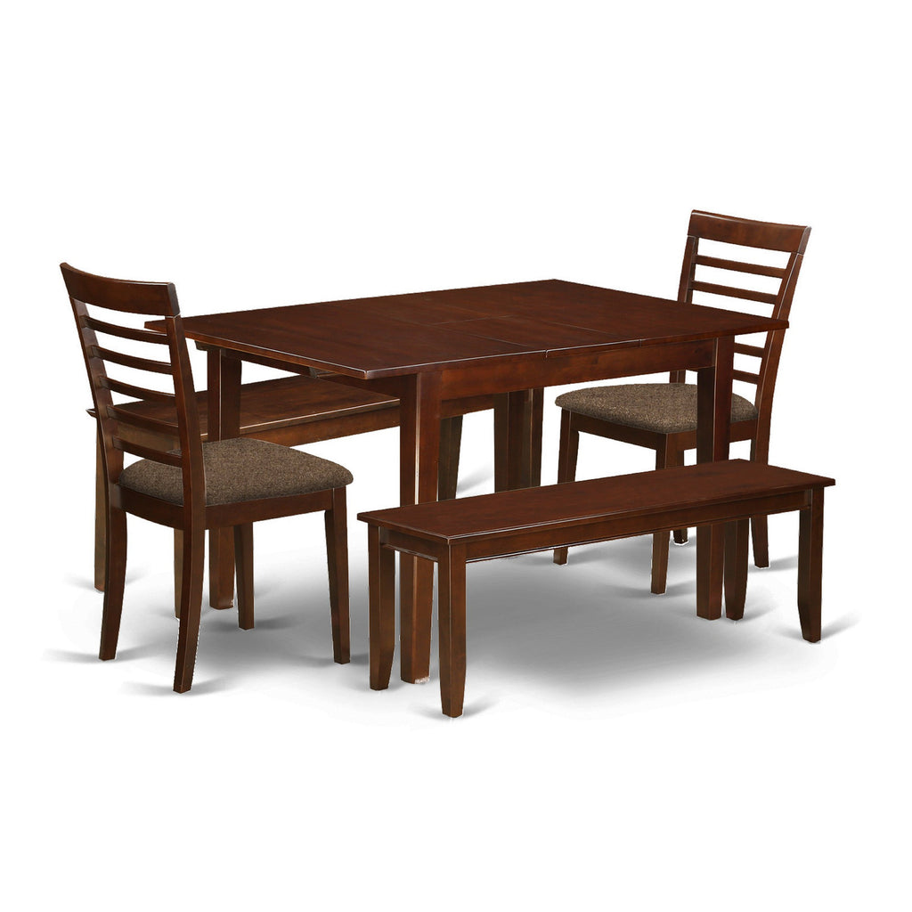 East West Furniture MILA5D-MAH-C 5 Piece Dining Table Set Includes a Rectangle Kitchen Table with Butterfly Leaf and 2 Linen Fabric Dining Chairs with 2 Benches, 36x54 Inch, Mahogany