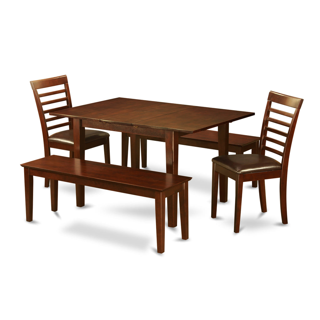 East West Furniture MILA5D-MAH-LC 5 Piece Dinette Set Includes a Rectangle Dining Table with Butterfly Leaf and 2 Faux Leather Dining Room Chairs with 2 Benches, 36x54 Inch, Mahogany