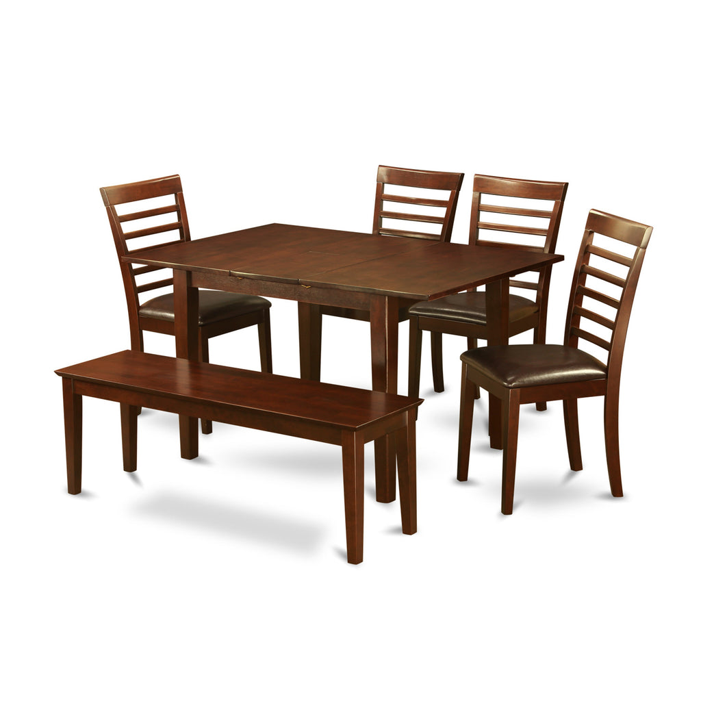 East West Furniture MILA6D-MAH-LC 6 Piece Dining Table Set Contains a Rectangle Dining Room Table with Butterfly Leaf and 4 Faux Leather Upholstered Chairs with a Bench, 36x54 Inch, Mahogany