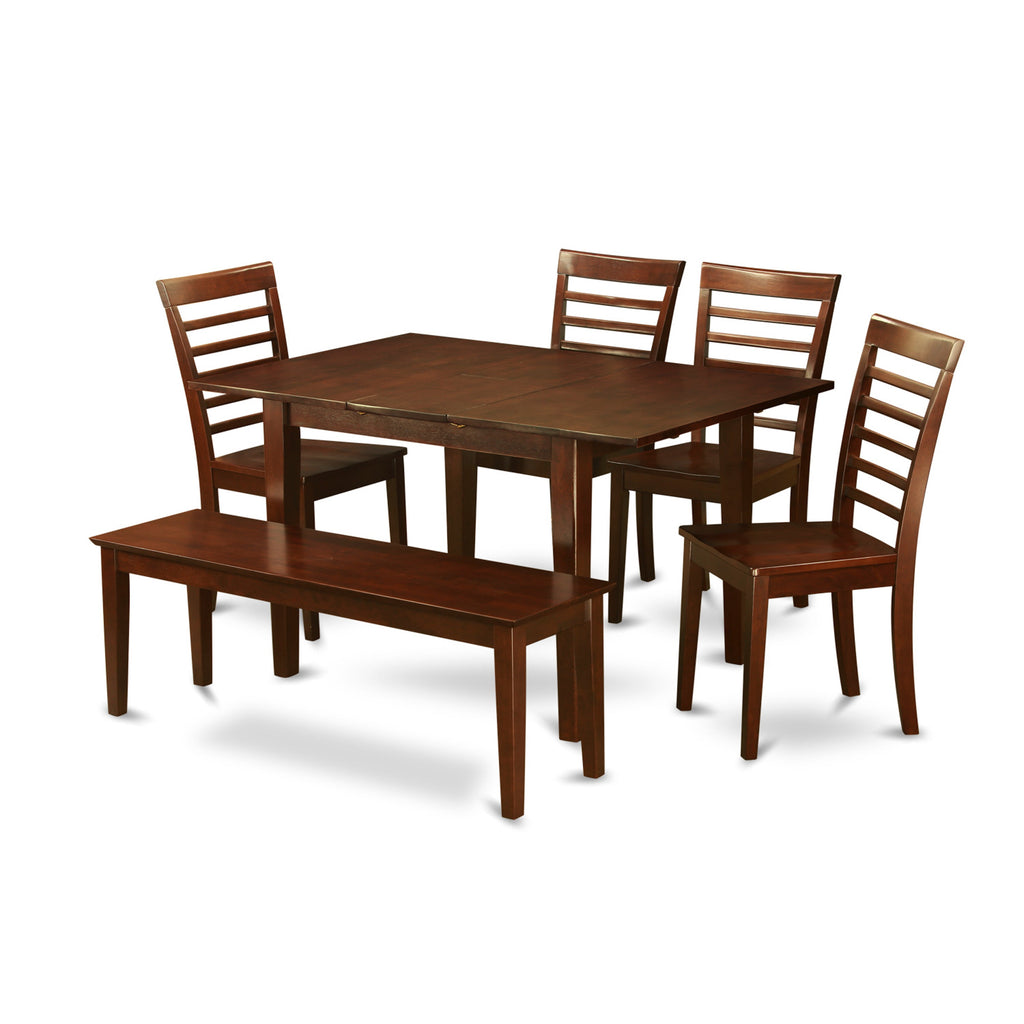 East West Furniture MILA6D-MAH-W 6 Piece Dining Room Furniture Set Contains a Rectangle Kitchen Table with Butterfly Leaf and 4 Dining Chairs with a Bench, 36x54 Inch, Mahogany