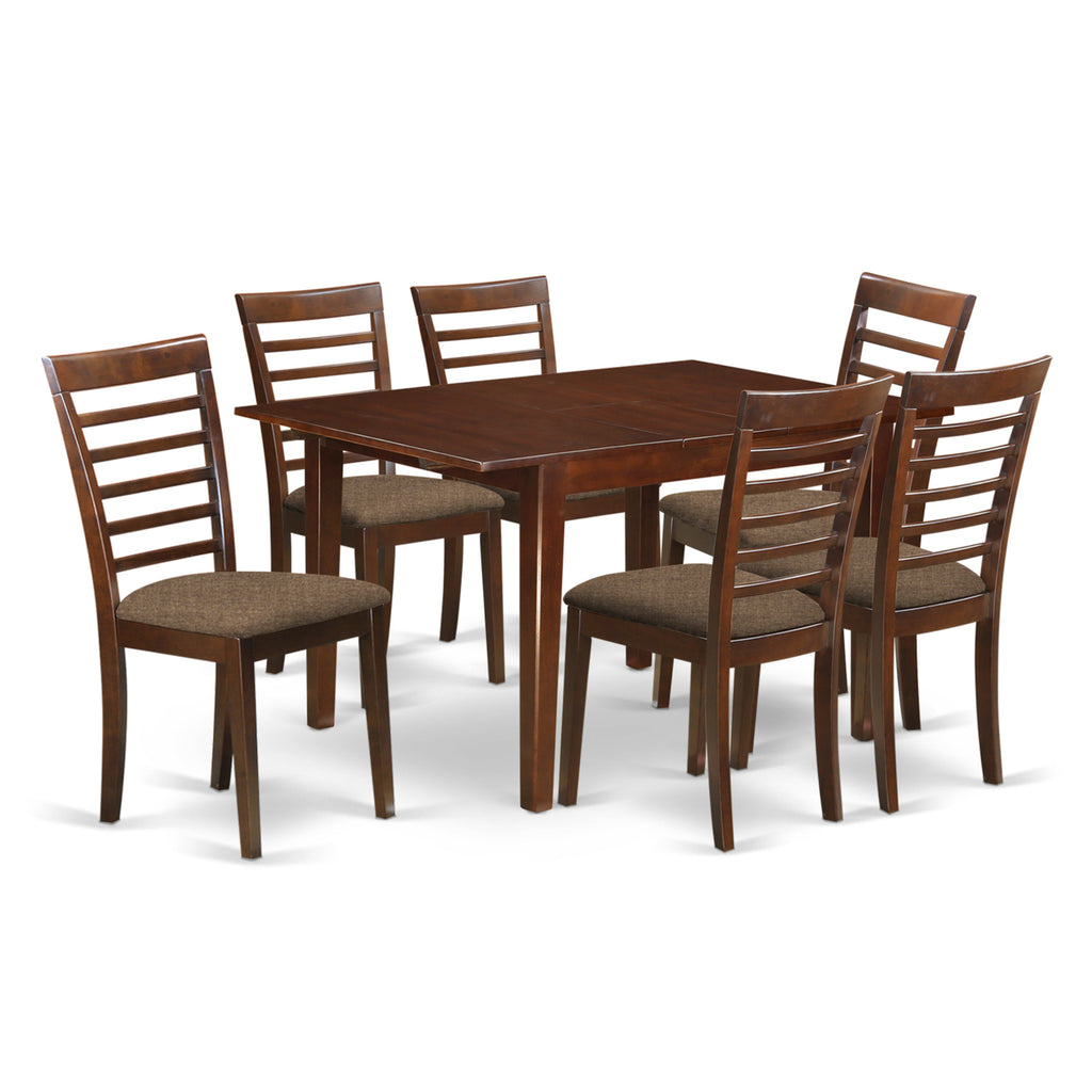 East West Furniture MILA7-MAH-C 7 Piece Dining Table Set Consist of a Rectangle Dinner Table with Butterfly Leaf and 6 Linen Fabric Dining Room Chairs, 36x54 Inch, Mahogany