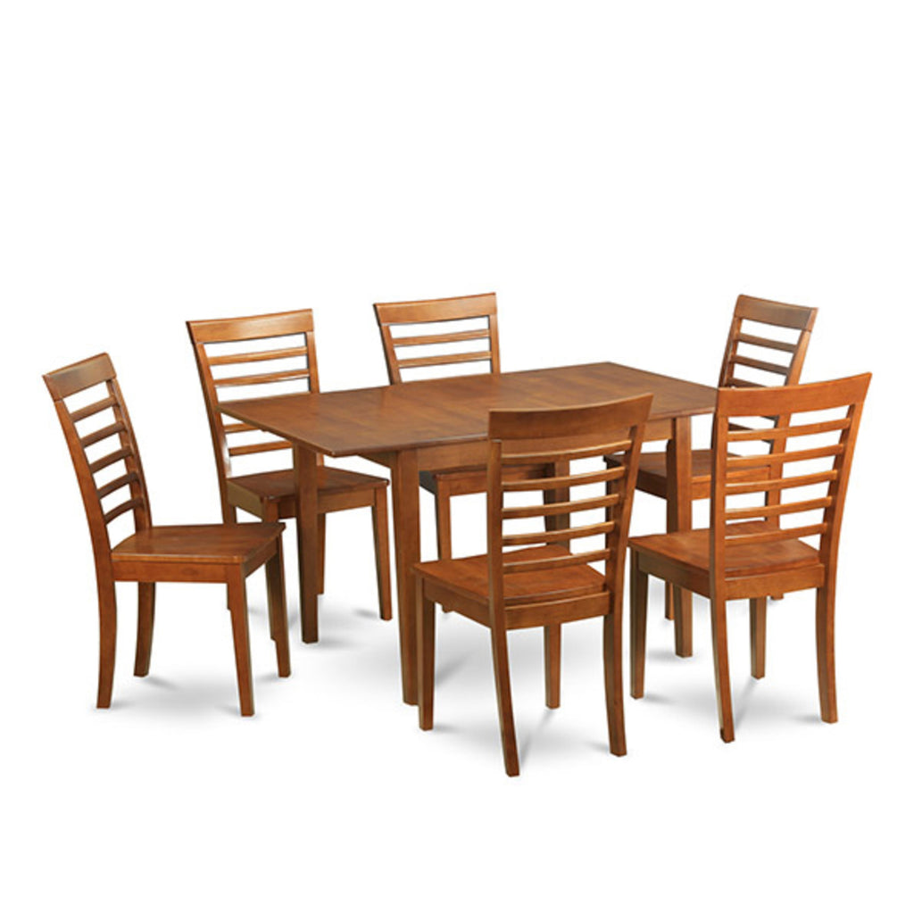 East West Furniture MILA7-SBR-W 7 Piece Dining Set Consist of a Rectangle Dining Room Table with Butterfly Leaf and 6 Kitchen Chairs, 36x54 Inch, Saddle Brown