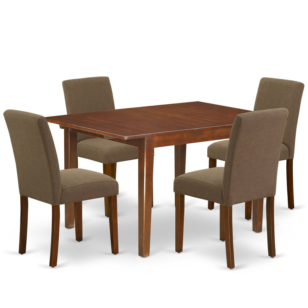 East West Furniture MLAB5-MAH-18 5 Piece Modern Dining Table Set Includes a Rectangle Wooden Table with Butterfly Leaf and 4 Coffee Linen Fabric Upholstered Chairs, 36x54 Inch, Mahogany