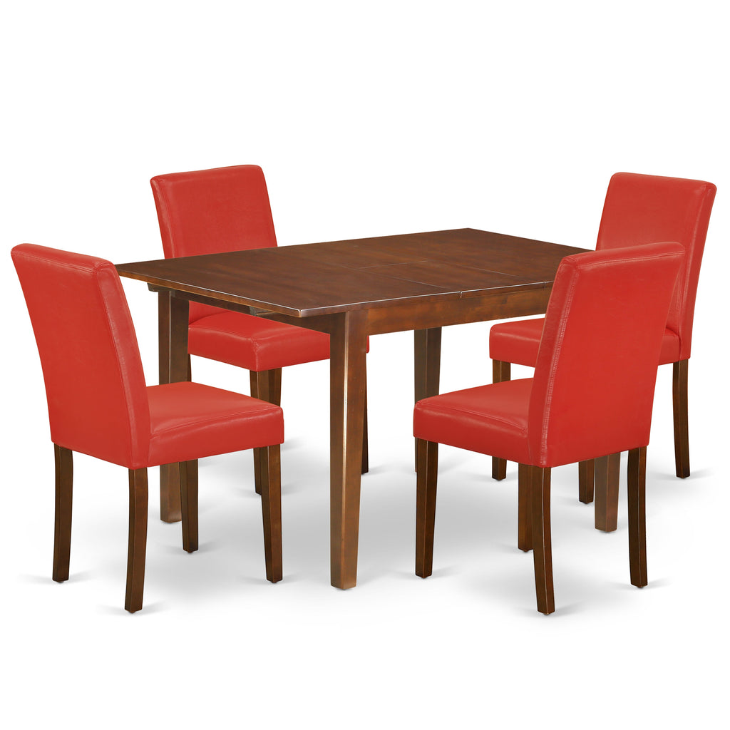 East West Furniture MLAB5-MAH-72 5 Piece Dining Table Set Includes a Rectangle Kitchen Table with Butterfly Leaf and 4 Firebrick Red Faux Leather Upholstered Chairs, 36x54 Inch, Mahogany