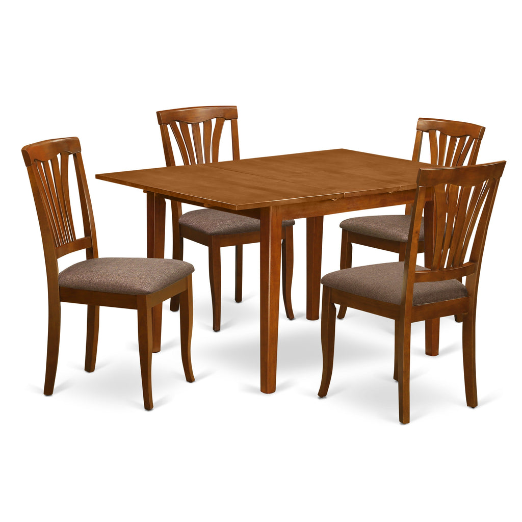 East West Furniture MLAV5-SBR-C 5 Piece Dining Room Table Set Includes a Rectangle Kitchen Table with Butterfly Leaf and 4 Linen Fabric Upholstered Dining Chairs, 36x54 Inch, Saddle Brown