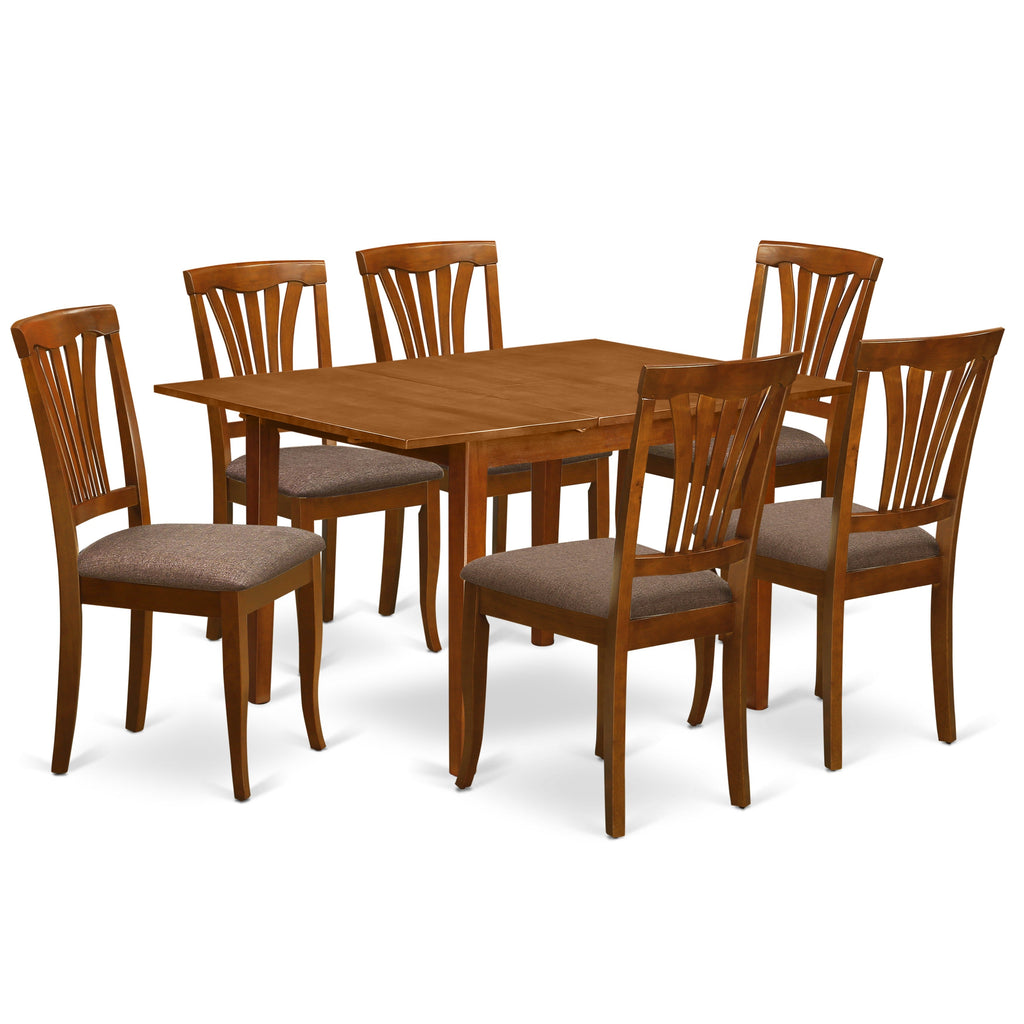 East West Furniture MLAV7-SBR-C 7 Piece Dining Table Set Consist of a Rectangle Dinner Table with Butterfly Leaf and 6 Linen Fabric Dining Room Chairs, 36x54 Inch, Saddle Brown