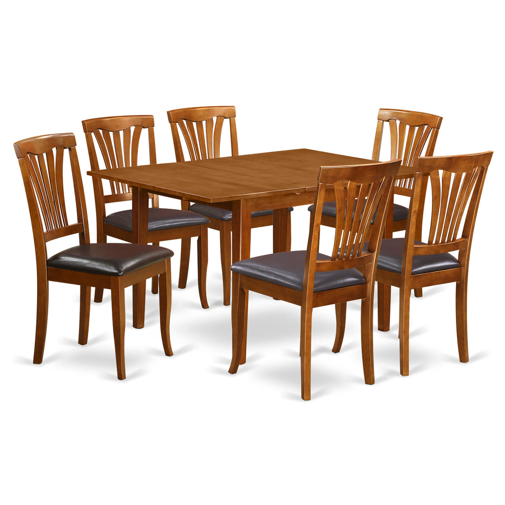 East West Furniture MLAV7-SBR-LC 7 Piece Modern Dining Table Set Consist of a Rectangle Wooden Table with Butterfly Leaf and 6 Faux Leather Kitchen Dining Chairs, 36x54 Inch, Saddle Brown