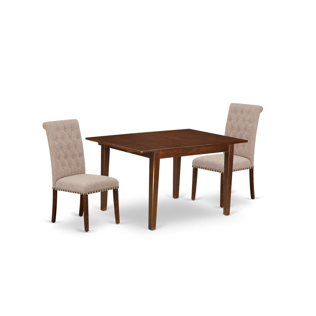 East West Furniture MLBR3-MAH-04 3 Piece Dining Set Contains a Rectangle Dining Room Table with Butterfly Leaf and 2 Light Tan Linen Fabric Upholstered Chairs, 36x54 Inch, Mahogany