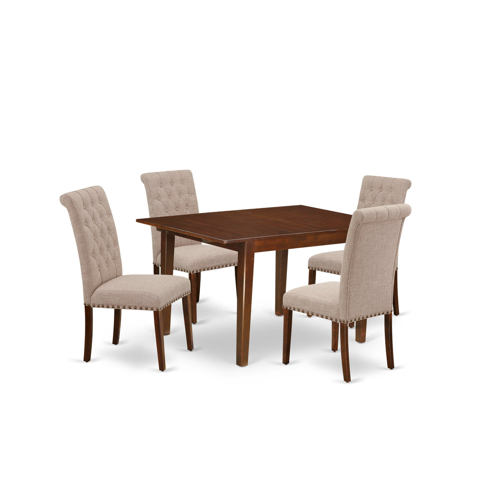 East West Furniture MLBR5-MAH-04 5 Piece Kitchen Table Set for 4 Includes a Rectangle Dining Table with Butterfly Leaf and 4 Light Tan Linen Fabric Parson Chairs, 36x54 Inch, Mahogany