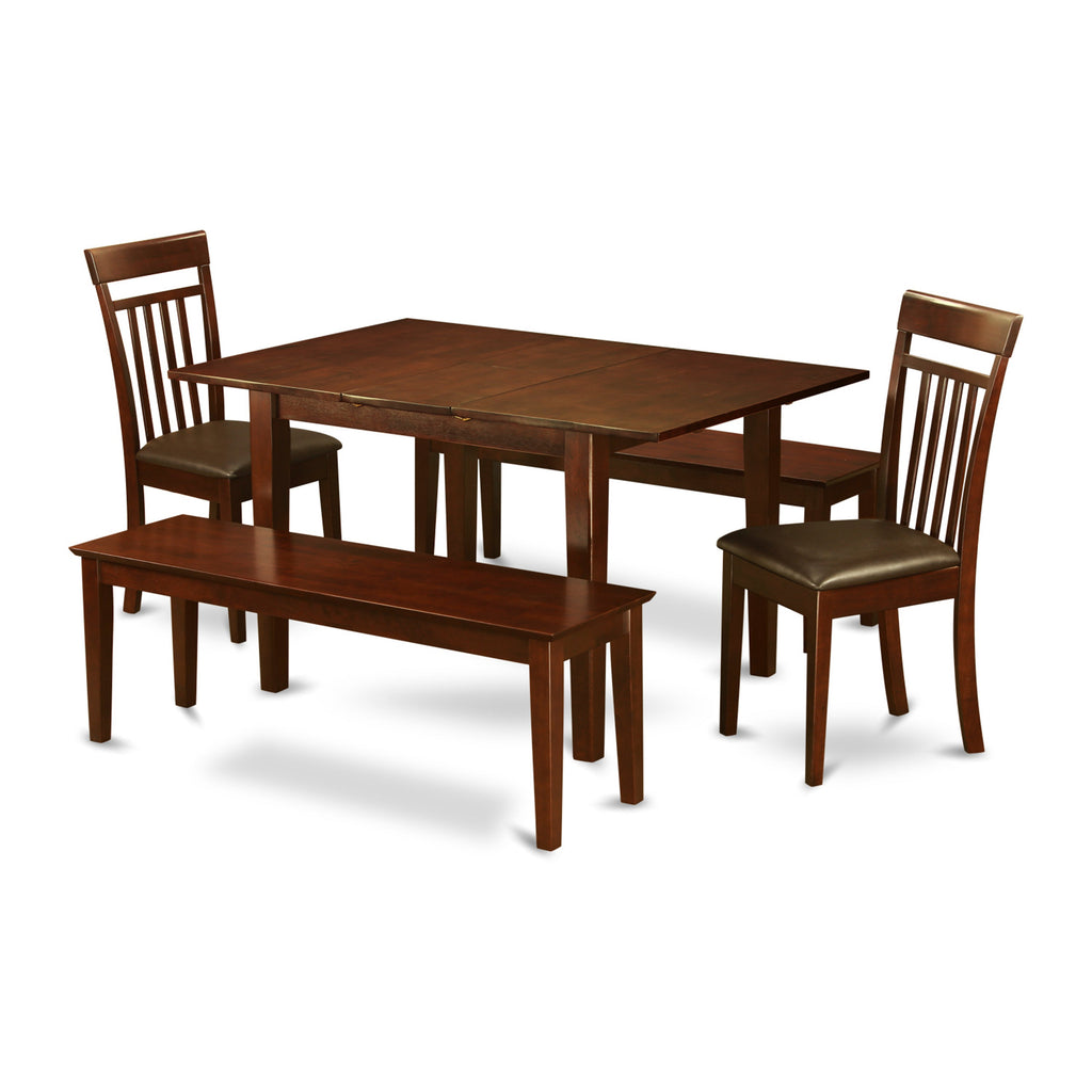 East West Furniture MLCA5C-MAH-LC 5 Piece Dining Table Set Includes a Rectangle Wooden Table with Butterfly Leaf and 2 Faux Leather Dining Chairs with 2 Benches, 36x54 Inch, Mahogany