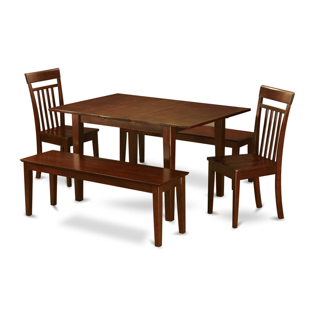 East West Furniture MLCA5C-MAH-W 5 Piece Dining Room Furniture Set Includes a Rectangle Kitchen Table with Butterfly Leaf and 2 Dining Chairs with 2 Benches, 36x54 Inch, Mahogany