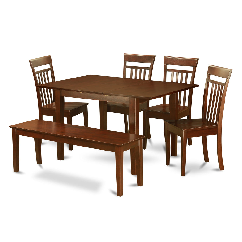 East West Furniture MLCA6-MAH-W 6 Piece Modern Dining Table Set Contains a Rectangle Wooden Table with Butterfly Leaf and 4 Dining Room Chairs with a Bench, 36x54 Inch, Mahogany