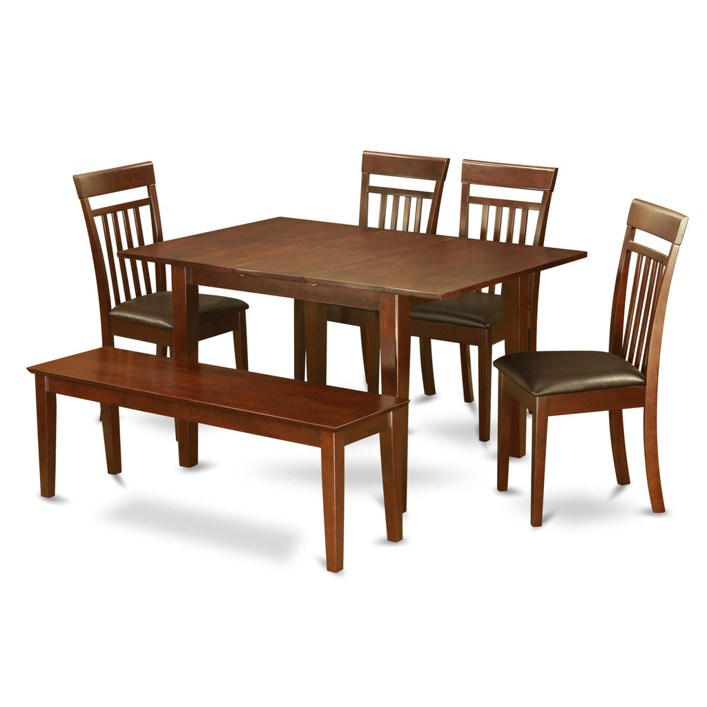 East West Furniture MLCA6C-MAH-LC 6 Piece Dining Table Set Contains a Rectangle Dining Room Table with Butterfly Leaf and 4 Faux Leather Upholstered Chairs with a Bench, 36x54 Inch, Mahogany
