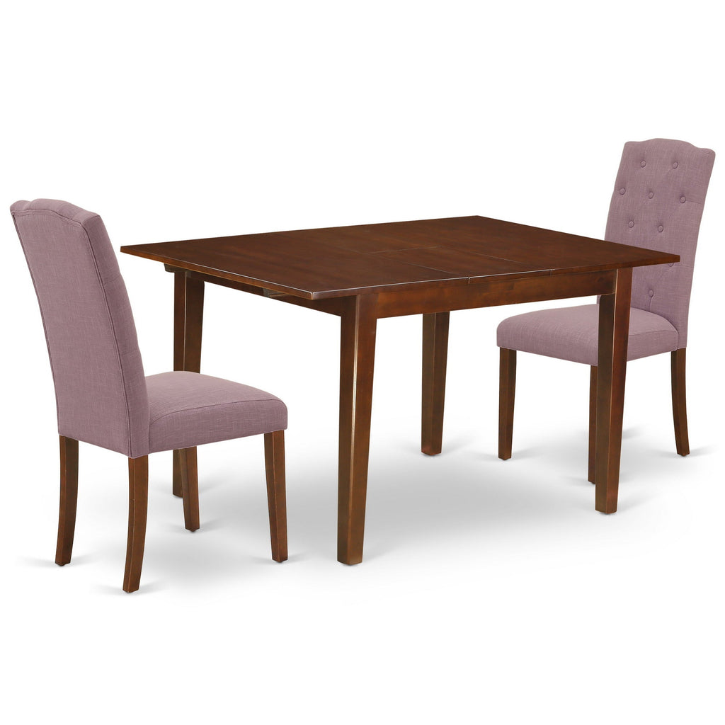 East West Furniture MLCE3-MAH-10 3 Piece Modern Dining Table Set Contains a Rectangle Wooden Table with Butterfly Leaf and 2 Dahlia Linen Fabric Upholstered Chairs, 36x54 Inch, Mahogany