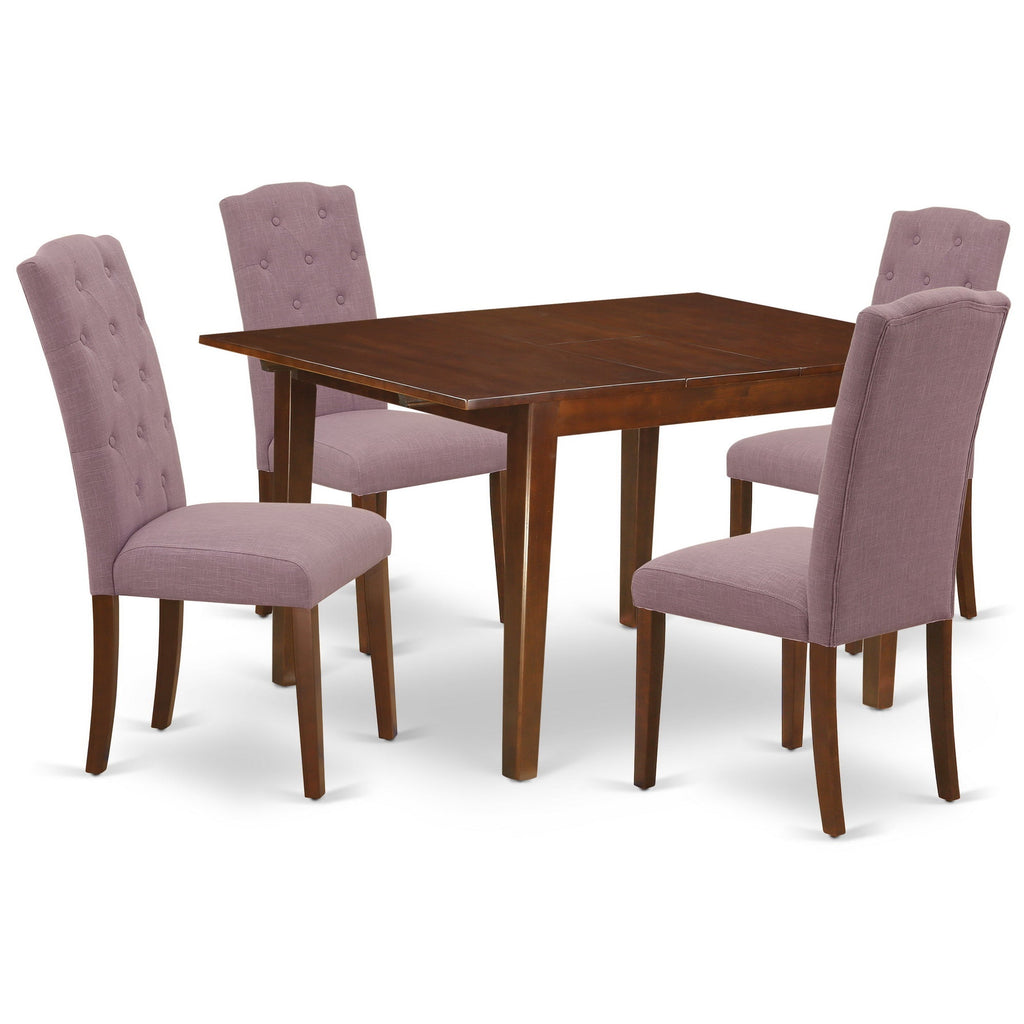 East West Furniture MLCE5-MAH-10 5 Piece Kitchen Table Set for 4 Includes a Rectangle Dining Room Table with Butterfly Leaf and 4 Dahlia Linen Fabric Padded Chairs, 36x54 Inch, Mahogany