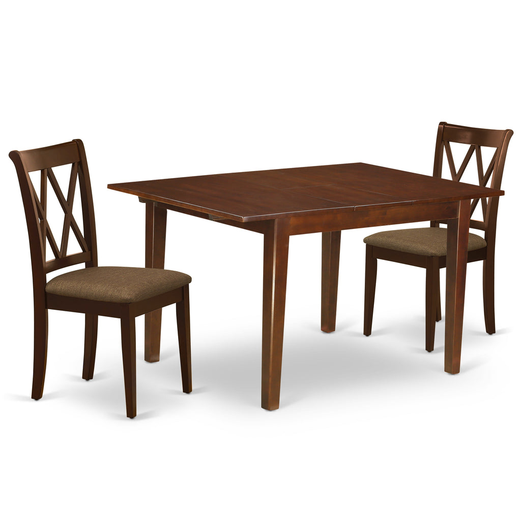 East West Furniture MLCL3-MAH-C 3 Piece Dining Room Furniture Set Contains a Rectangle Wooden Table with Butterfly Leaf and 2 Linen Fabric Kitchen Dining Chairs, 36x54 Inch, Mahogany