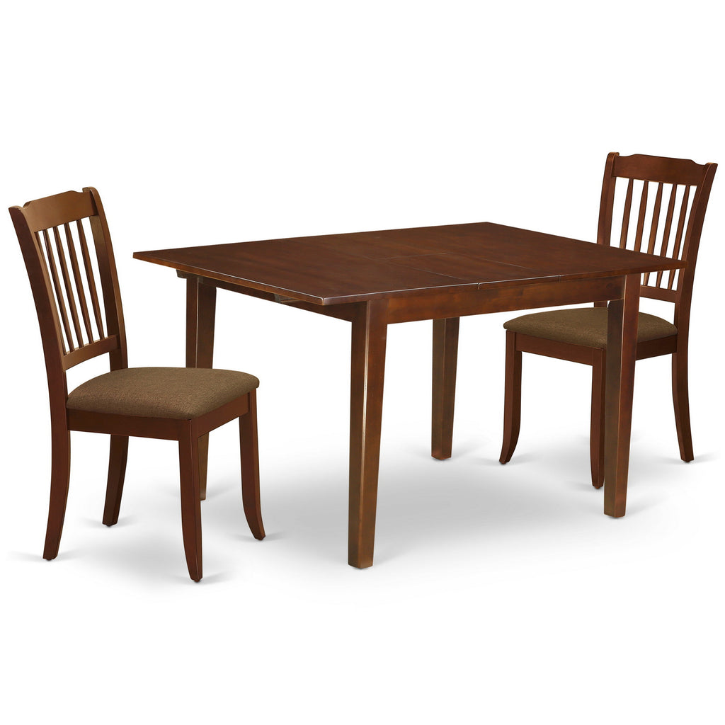 East West Furniture MLDA3-MAH-C 3 Piece Modern Dining Table Set Contains a Rectangle Wooden Table with Butterfly Leaf and 2 Linen Fabric Kitchen Dining Chairs, 36x54 Inch, Mahogany