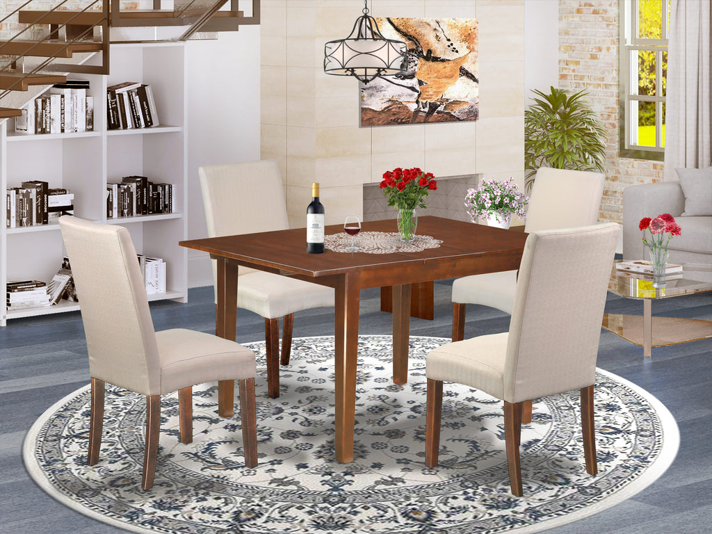 East West Furniture MLDR5-MAH-01 5 Piece Kitchen Table & Chairs Set Includes a Rectangle Butterfly Leaf Dining Table and 4 Cream Linen Fabric Parsons Chairs, 36x54 Inch, Mahogany
