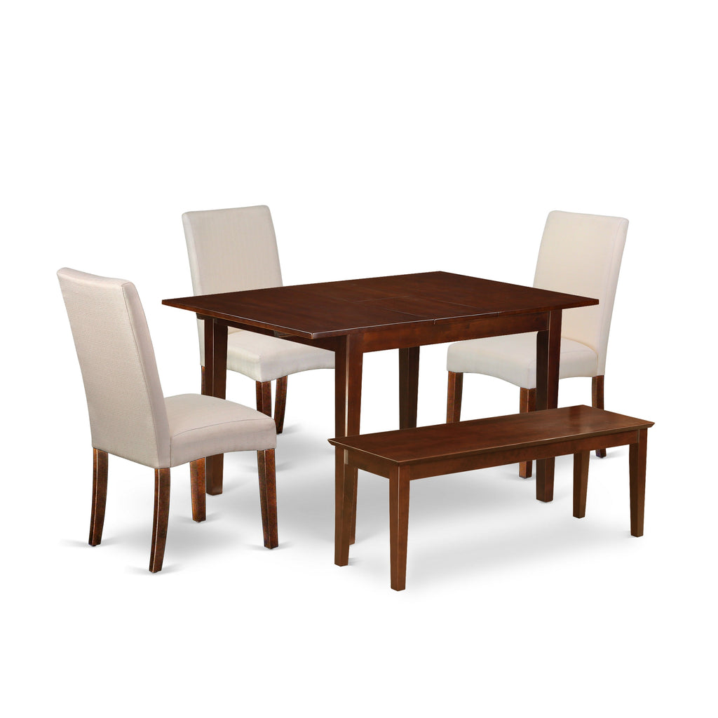 East West Furniture MLDR5C-MAH-01 5 Piece Dining Room Table Set Includes a Rectangle Wooden Table with Butterfly Leaf and 2 Cream Linen Fabric Chairs with 2 Benches, 36x54 Inch, Mahogany