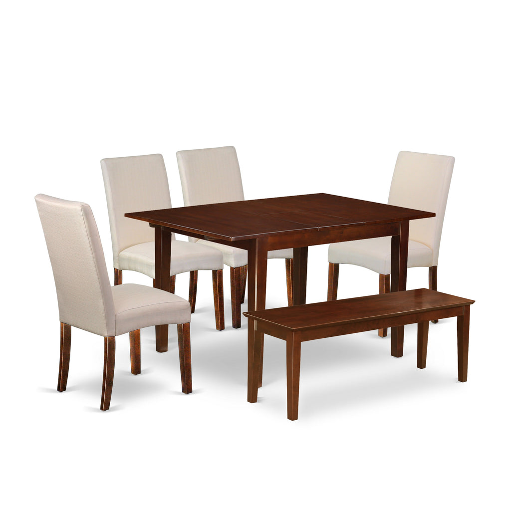 East West Furniture MLDR6C-MAH-01 6 Piece Dining Table Set Contains a Rectangle Kitchen Table with Butterfly Leaf and 4 Cream Linen Fabric Parson Chairs with a Bench, 36x54 Inch, Mahogany