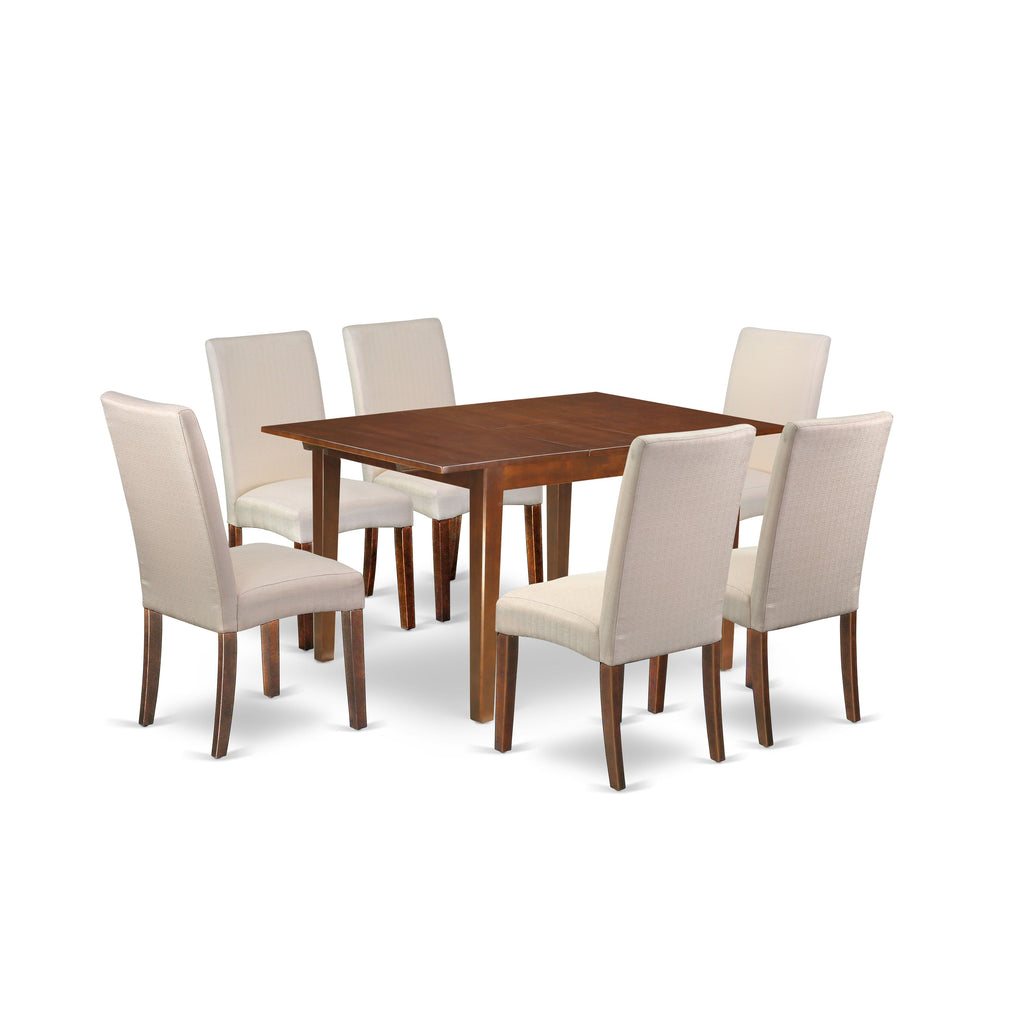East West Furniture MLDR7-MAH-01 7 Piece Modern Dining Table Set Consist of a Rectangle Wooden Table with Butterfly Leaf and 6 Cream Linen Fabric Upholstered Chairs, 36x54 Inch, Mahogany